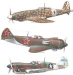 Italský stíhací letoun Macchi C 202, sovětský Lavočkin La 5 FN a britský stíhací Curtiss P 40 N/25