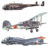 Britsk bombardovac letoun Handley Page Hampden I, britsk Fairrey Swordfisch V a nmeck Heinkel He 111 H-6